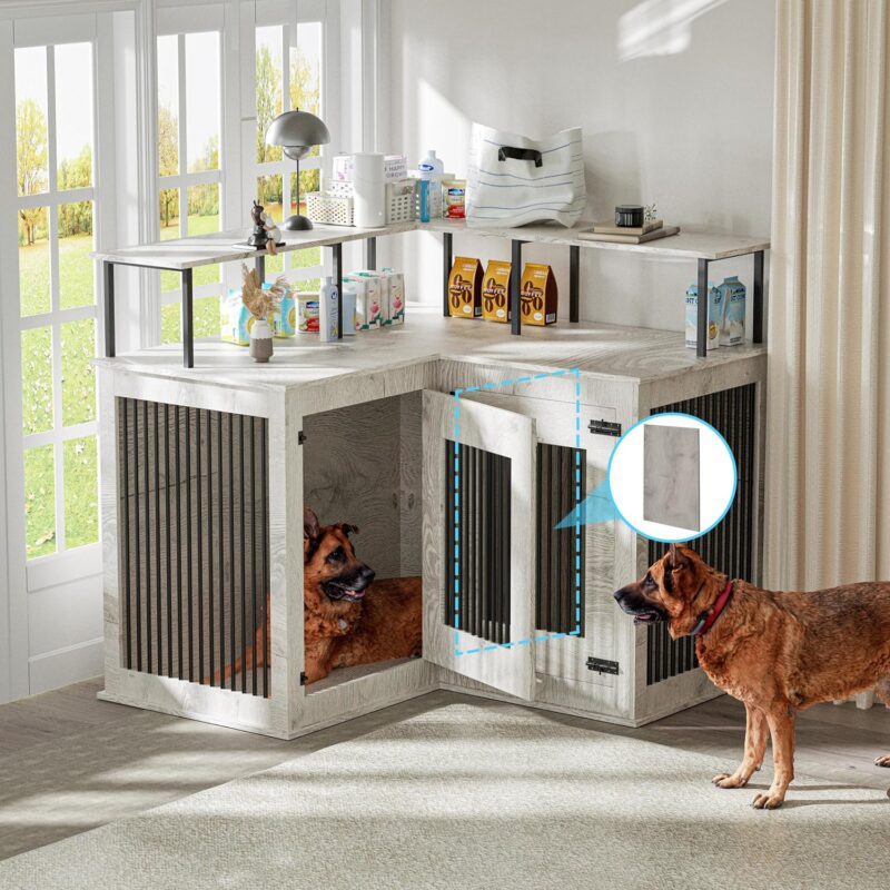 HSSZXFR Corner Dog Crate Furniture, Decorative Dog Crate with Double Door Wooden Dog Crate Kennel Furniture with Divider Furniture Style Dog Crate End Table for Large/Medium/Small Dog Indoor Use