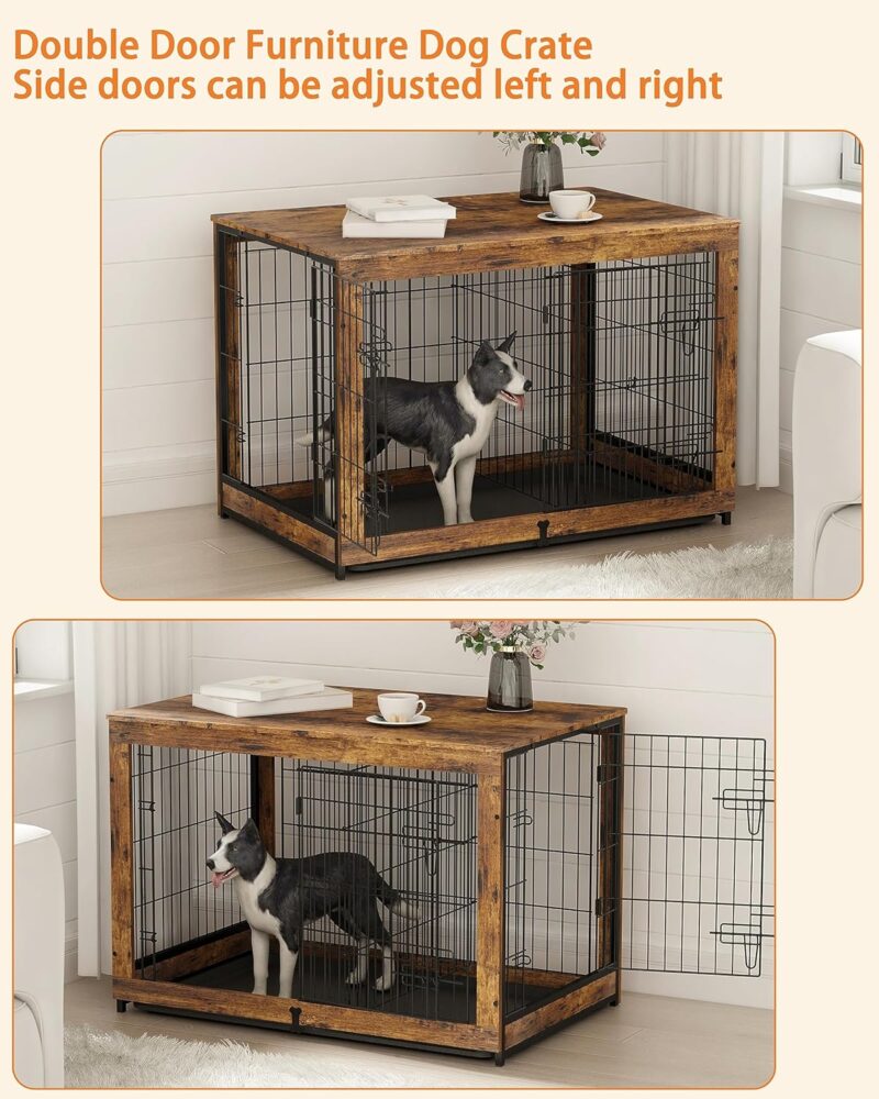 Piskyet Wooden Dog Crate Furniture with Divider Panel, Dog Crate End Table with Fixable Slide Tray, Double Doors Dog Kennel Indoor for Medium Dogs (M:31.8 * 22.1 * 26.3inch,Rustic Style) - Image 6