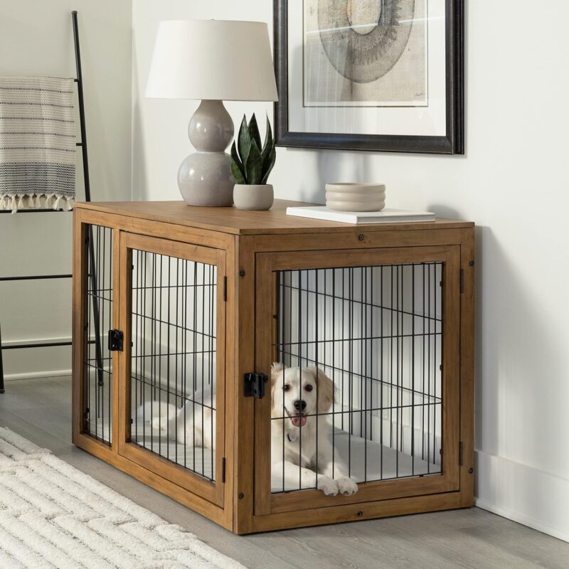 Furniture-Style Dog Crate - Acacia Wood Kennel for Large Dogs with Double Doors and Cushion - Dog Kennel Furniture by PETMAKER (Natural) - Image 5
