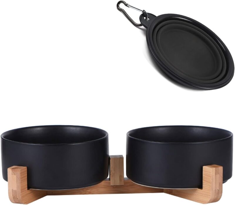 Petygooing Dog Bowls Small,Black Ceramic Cat Dog Bowl Set with Wood Stand for Food and Water,Non-Slip Weighted Cute Modern Pet Dishes for Cats & Small Size Dogs (13.5OZ/5.1 in)