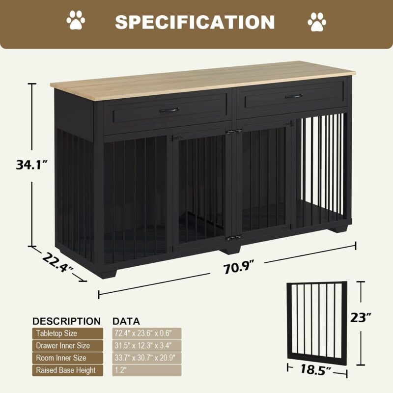 Dog Crate Furniture,Wooden Cage with Room Divider and 2 Drawer, Heavy Duty Dog Crate Kennel Furniture for Large and Medium Dog Indoor, Big Dog Crate with 2 Doors, Black - Image 2