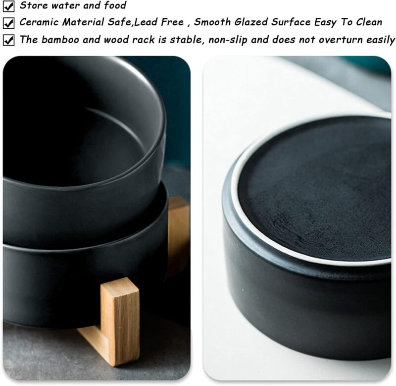 Petygooing Dog Bowls Small,Black Ceramic Cat Dog Bowl Set with Wood Stand for Food and Water,Non-Slip Weighted Cute Modern Pet Dishes for Cats & Small Size Dogs (13.5OZ/5.1 in) - Image 5
