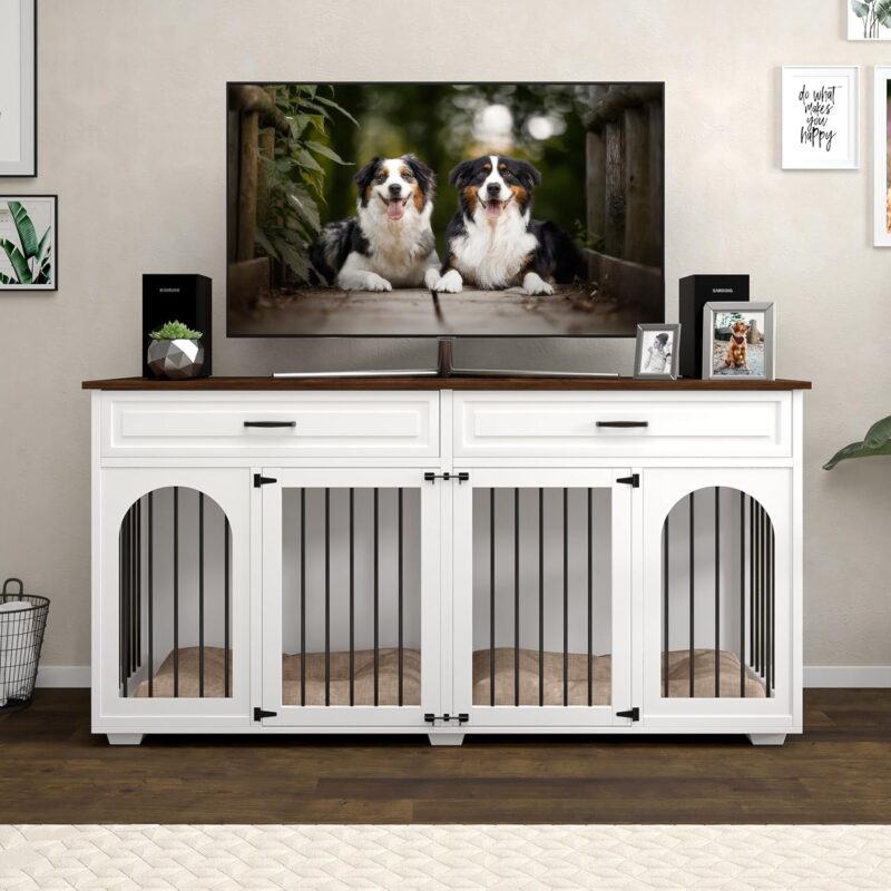 Large Dog Crate Furniture,74.8" Wooden Double Dog Crates Furniture Style for 2 Large Dogs,XXL Heavy Duty Dog Kennel Furniture Indoor with Divider and 2 Drawers,White - Image 7