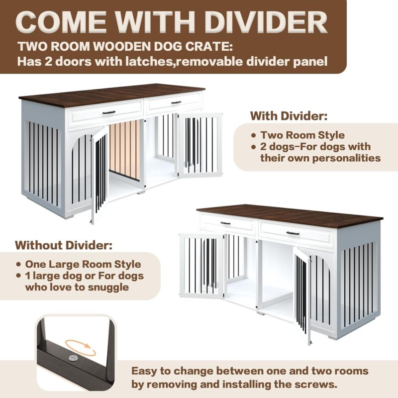 Large Dog Crate Furniture,74.8" Wooden Double Dog Crates Furniture Style for 2 Large Dogs,XXL Heavy Duty Dog Kennel Furniture Indoor with Divider and 2 Drawers,White - Image 4