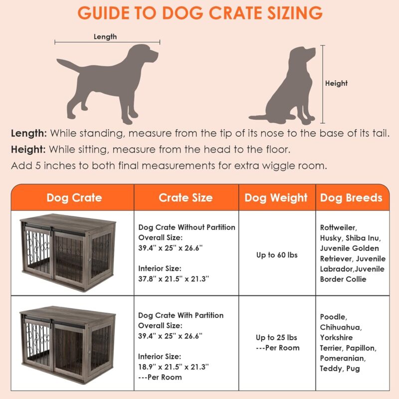 Large Dog Crate Furniture w/Sliding Barn Door, Wooden Indoor Dog Kennel w/Flip-top, 39.4'' Heavy Duty Modern Puppy Dog Cage End Table w/Detachable Divider for Small/Medium Pets (Oak Grey) - Image 8