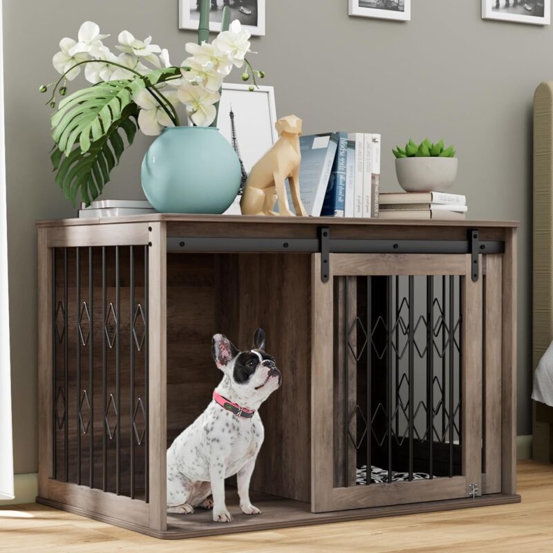 Large Dog Crate Furniture w/Sliding Barn Door, Wooden Indoor Dog Kennel w/Flip-top, 39.4'' Heavy Duty Modern Puppy Dog Cage End Table w/Detachable Divider for Small/Medium Pets (Oak Grey)