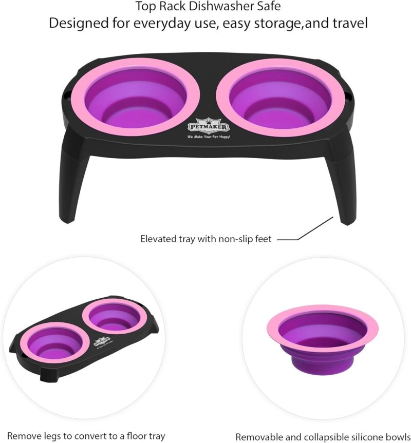 Elevated Cat and Dog Food Bowls with Non-Slip Stand - Removable and Collapsible Silicone Feeder for Food and Water - 16-Ounces Each by PETMAKER (Pink) - Image 3