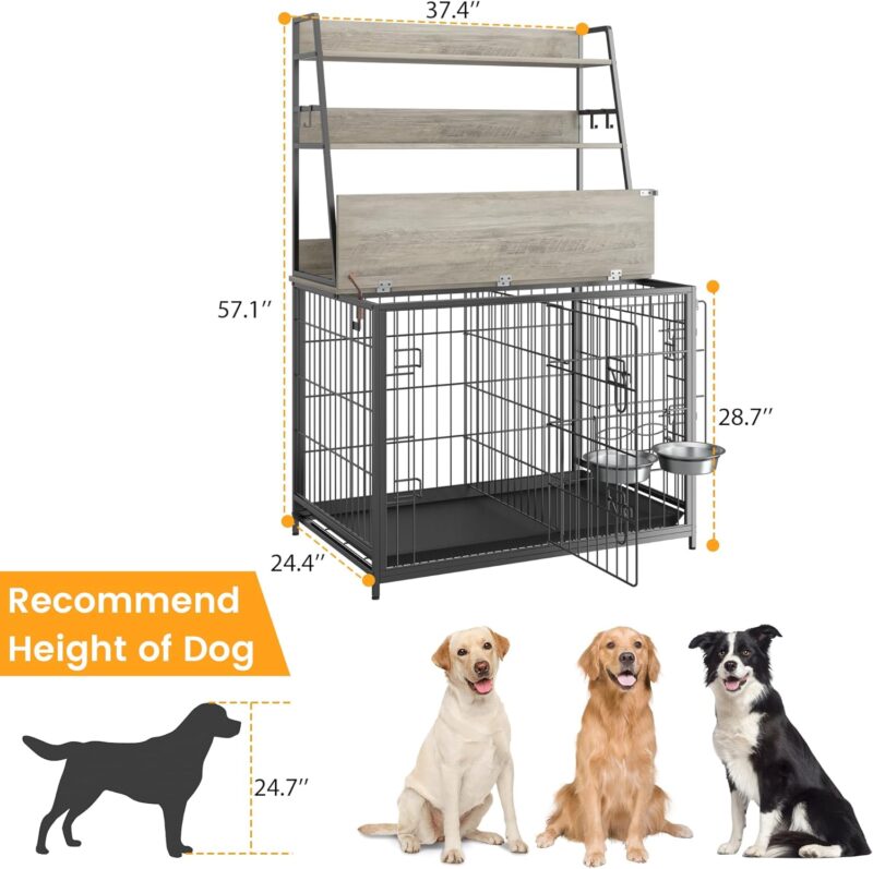 IDEALHOUSE Dog Crate Furniture,Flip-up Top Pet Crate Furniture,Indoor End Table Dog Cage with 3-Layer Storage Shelves,Dog Crates for Medium Dogs,Dog Kennel Furniture with Adjustable Bowls,Grey - Image 6