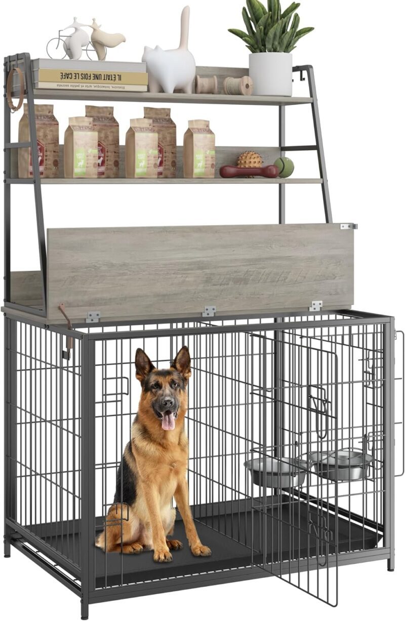 IDEALHOUSE Dog Crate Furniture,Flip-up Top Pet Crate Furniture,Indoor End Table Dog Cage with 3-Layer Storage Shelves,Dog Crates for Medium Dogs,Dog Kennel Furniture with Adjustable Bowls,Grey - Image 8