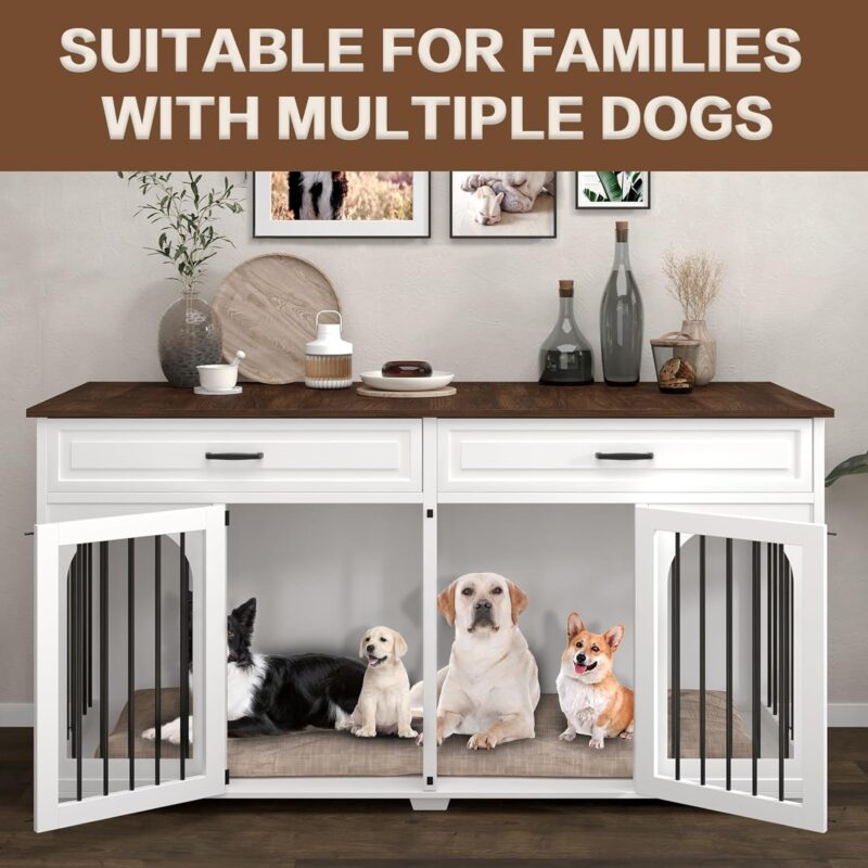 Large Dog Crate Furniture,74.8" Wooden Double Dog Crates Furniture Style for 2 Large Dogs,XXL Heavy Duty Dog Kennel Furniture Indoor with Divider and 2 Drawers,White - Image 6