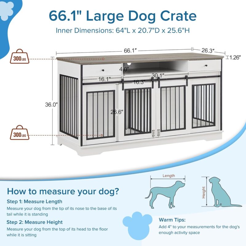 Dog Crate Furniture, 66" Large Heavy Duty Wood Dog Kennel with Divider & Drawers, Dog House Cage for 2 Medium Dogs, End Table TV Stand, White Grey - Image 2