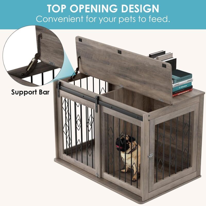 Large Dog Crate Furniture w/Sliding Barn Door, Wooden Indoor Dog Kennel w/Flip-top, 39.4'' Heavy Duty Modern Puppy Dog Cage End Table w/Detachable Divider for Small/Medium Pets (Oak Grey) - Image 6