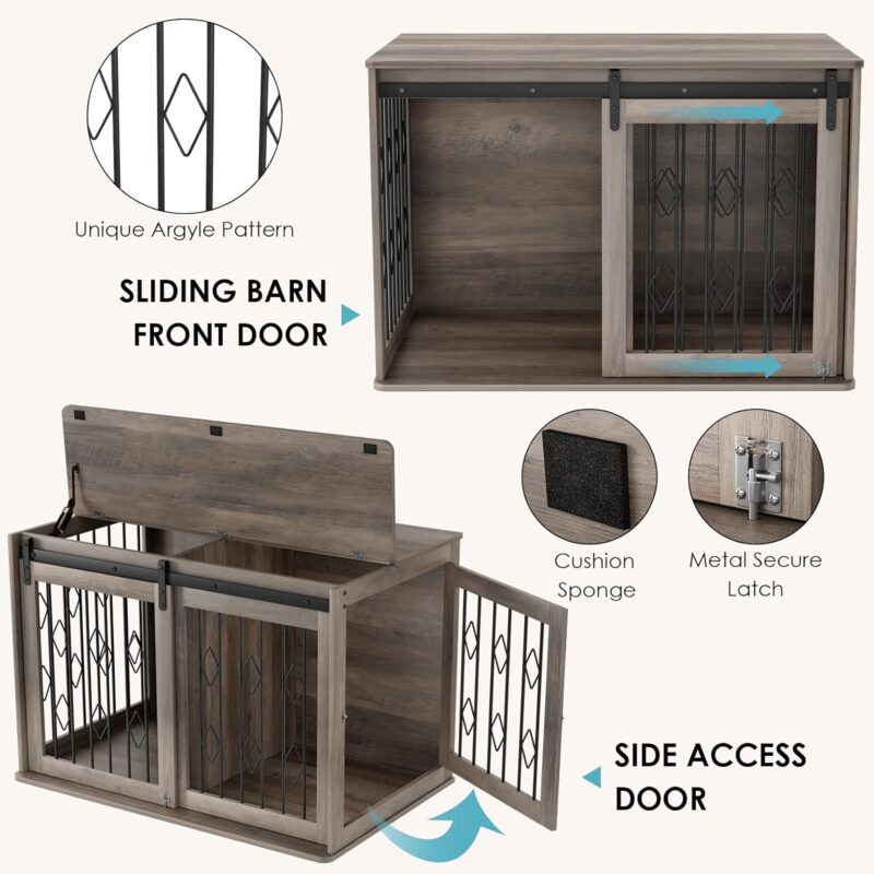 Large Dog Crate Furniture w/Sliding Barn Door, Wooden Indoor Dog Kennel w/Flip-top, 39.4'' Heavy Duty Modern Puppy Dog Cage End Table w/Detachable Divider for Small/Medium Pets (Oak Grey) - Image 7