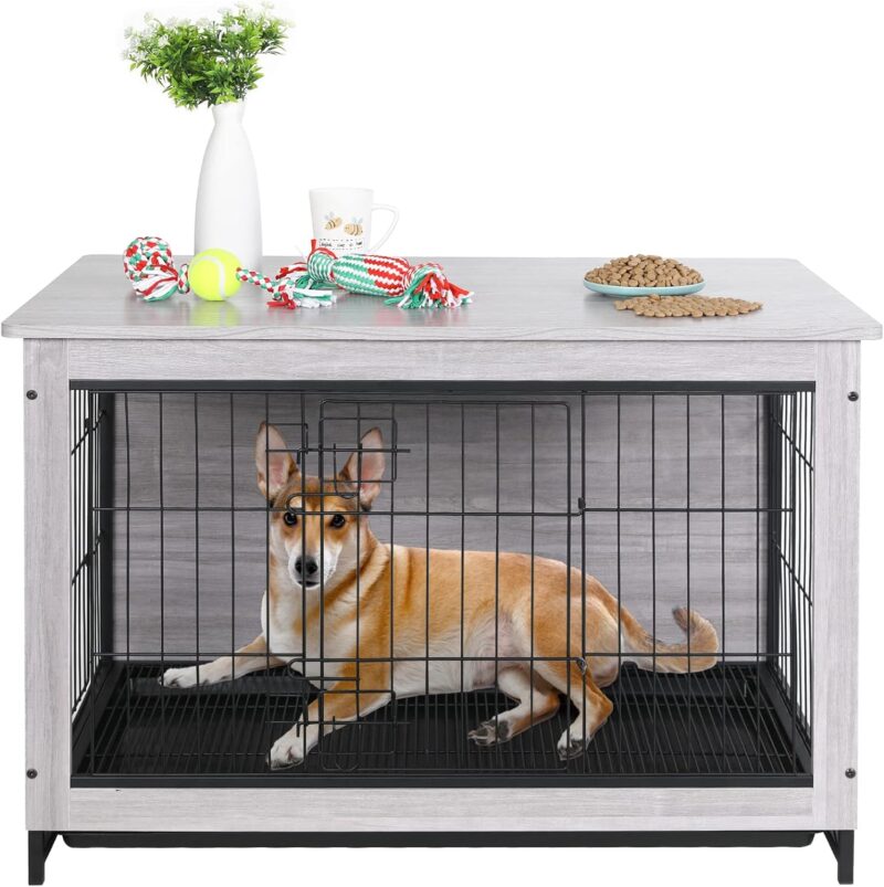 Dog Crate Furniture, Side End Table, Modern Kennel for Dogs Indoor, Wood Heavy-Duty Dog Cage with Removable Tray, Double-Door Dog House Dog Kennel(38.5''-Light Grey)