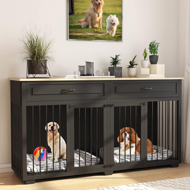 Dog Crate Furniture,Wooden Cage with Room Divider and 2 Drawer, Heavy Duty Dog Crate Kennel Furniture for Large and Medium Dog Indoor, Big Dog Crate with 2 Doors, Black - Image 6