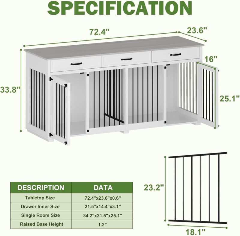 Large Double Dog Crate Furniture, 72.4" Wooden Dog Crate Kennel Furniture with 2 Drawers and Divider, Heavy Duty Dog Crates Furniture for Large Dog or 2 Medium Dogs Indoor, White+Light Gray - Image 2