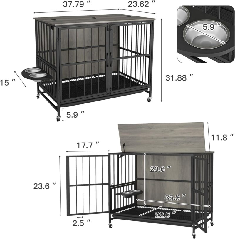 38" Dog Crate Furniture, 80lbs Dog Kennel Indoor with 360° Rotation Wheels, Rremovable Ttray, Height Adjustable 2 Stainless Steel Bowls, Double-Door Dog House for Small to Large Dogs, End Table House - Image 2