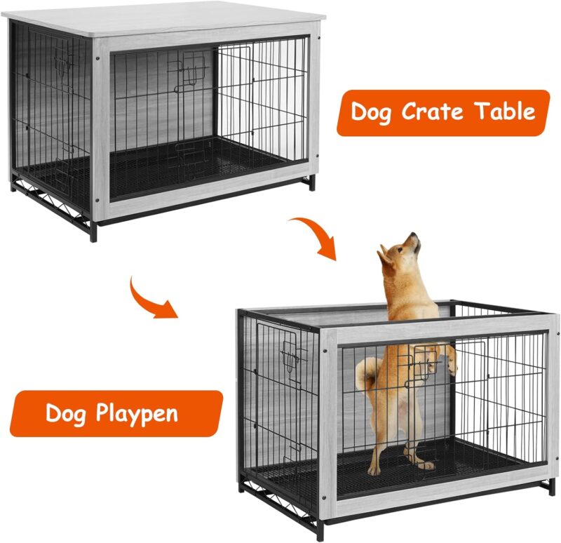 Dog Crate Furniture, Side End Table, Modern Kennel for Dogs Indoor, Wood Heavy-Duty Dog Cage with Removable Tray, Double-Door Dog House Dog Kennel(38.5''-Light Grey) - Image 7