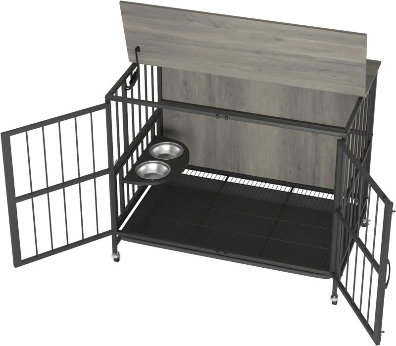 38" Dog Crate Furniture, 80lbs Dog Kennel Indoor with 360° Rotation Wheels, Rremovable Ttray, Height Adjustable 2 Stainless Steel Bowls, Double-Door Dog House for Small to Large Dogs, End Table House