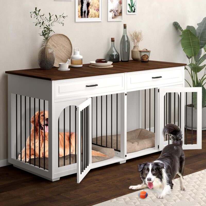 Large Dog Crate Furniture,74.8" Wooden Double Dog Crates Furniture Style for 2 Large Dogs,XXL Heavy Duty Dog Kennel Furniture Indoor with Divider and 2 Drawers,White