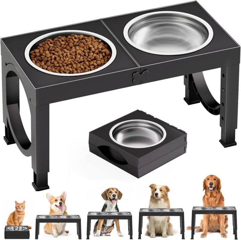 Elevated Dog Bowls for Medium Large Breed Dogs, 4 Height Adjustable Dog Raised Bowls Stand to 9.09", 10.63", 12.20", 13.78", 2 Thick Stainless Steel Dog Food Water Bowls, No Slip Dog Feeder