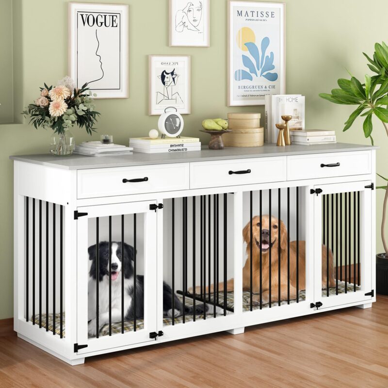 Large Double Dog Crate Furniture, 72.4" Wooden Dog Crate Kennel Furniture with 2 Drawers and Divider, Heavy Duty Dog Crates Furniture for Large Dog or 2 Medium Dogs Indoor, White+Light Gray