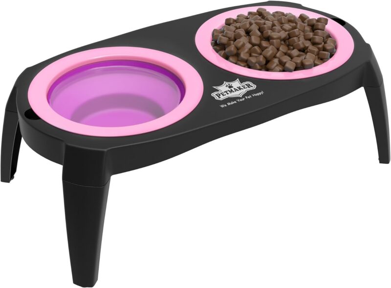 Elevated Cat and Dog Food Bowls with Non-Slip Stand - Removable and Collapsible Silicone Feeder for Food and Water - 16-Ounces Each by PETMAKER (Pink)