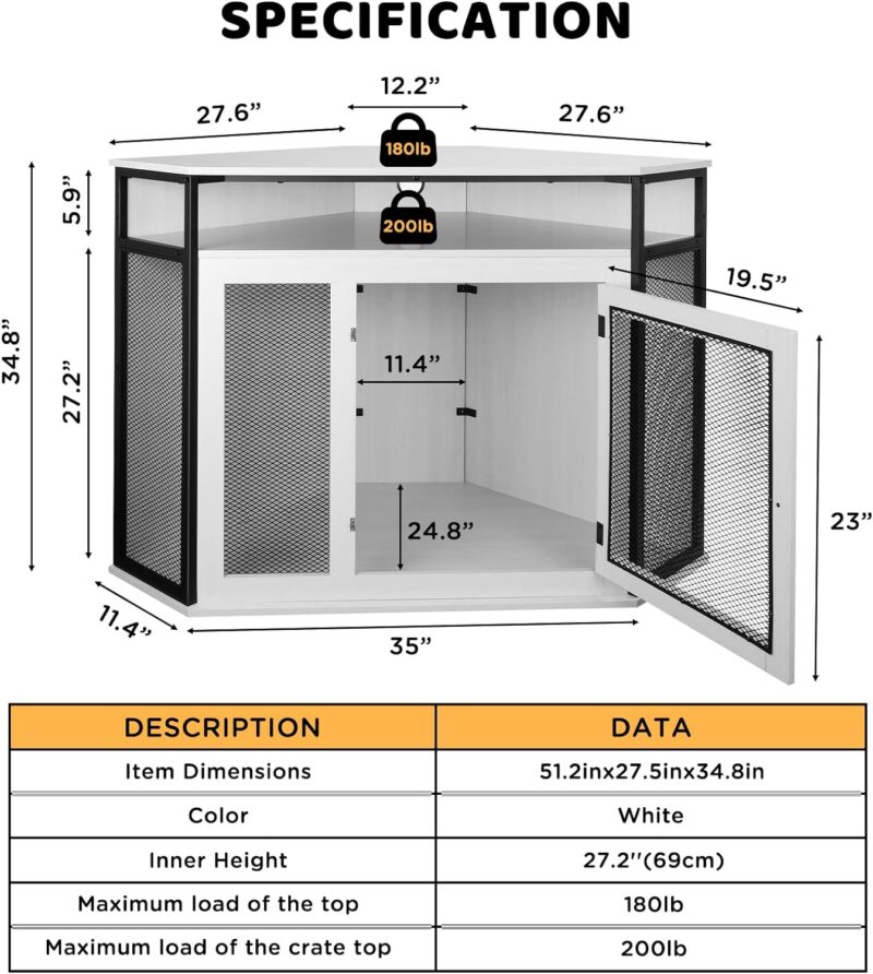 Dreamania Corner Dog Crate Furniture with Storage, 51.3" Upgraded Modern Dog Cage, End Table, Indoor Pet Crate Small Medium Large Dogs, White, Perfect for Limited Room - Image 5