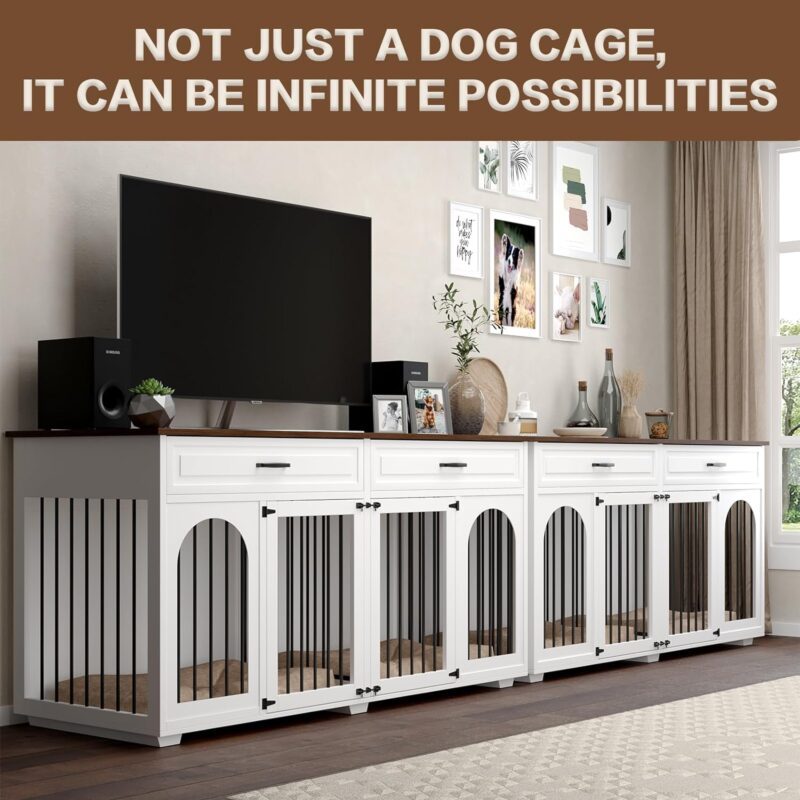 Large Dog Crate Furniture,74.8" Wooden Double Dog Crates Furniture Style for 2 Large Dogs,XXL Heavy Duty Dog Kennel Furniture Indoor with Divider and 2 Drawers,White - Image 2