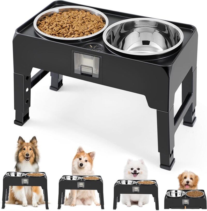 Elevated Dog Bowls for Medium Large Breed Dogs with 2 Thick 56oz Stainless Steel Dog Food Bowls 4 Height Adjustable Raised Dog Bowl Stand Non-Slip Dog Feeder Adjusts to 4.7", 10.3", 11.8", 13.3"