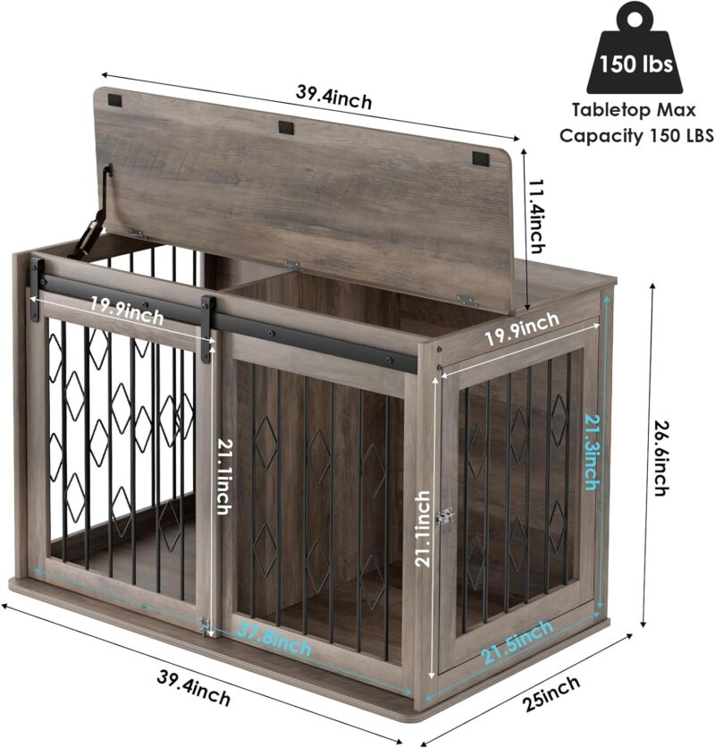 Large Dog Crate Furniture w/Sliding Barn Door, Wooden Indoor Dog Kennel w/Flip-top, 39.4'' Heavy Duty Modern Puppy Dog Cage End Table w/Detachable Divider for Small/Medium Pets (Oak Grey) - Image 3