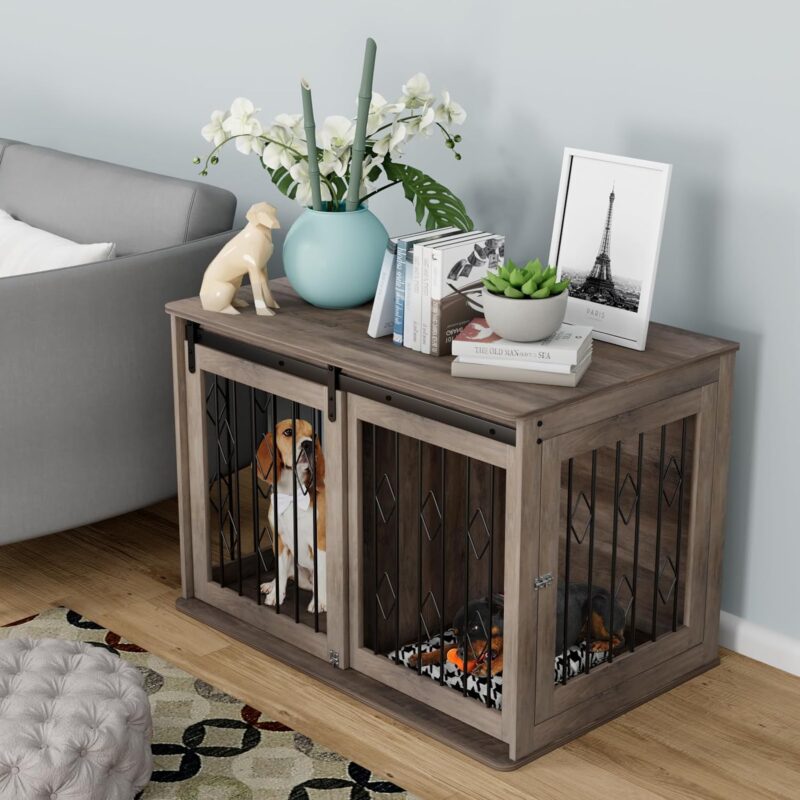 Large Dog Crate Furniture w/Sliding Barn Door, Wooden Indoor Dog Kennel w/Flip-top, 39.4'' Heavy Duty Modern Puppy Dog Cage End Table w/Detachable Divider for Small/Medium Pets (Oak Grey) - Image 9