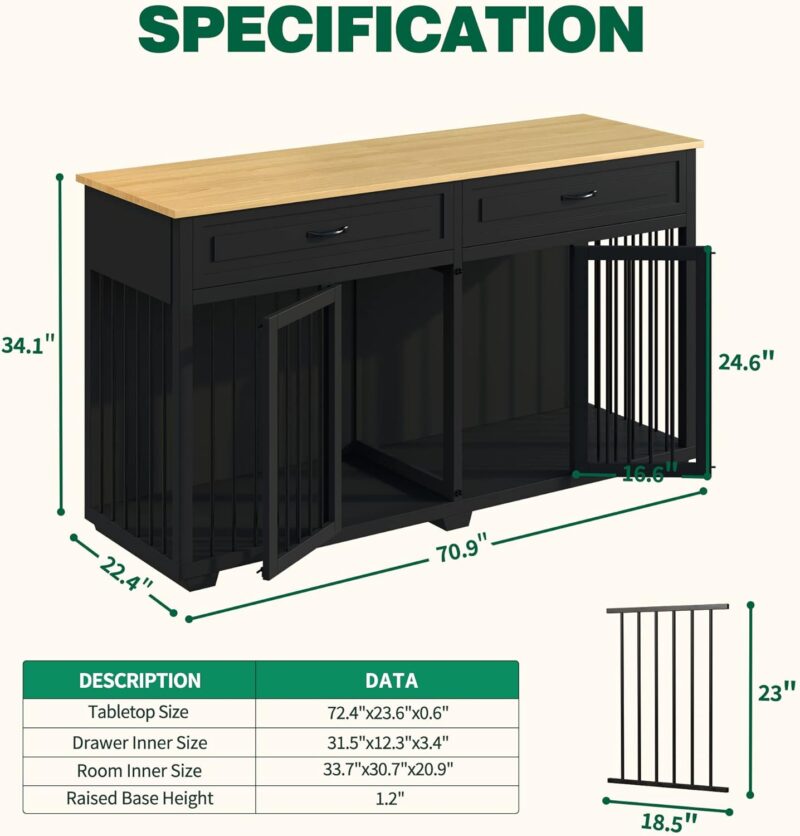 JINLLY Large Dog Crate Furniture, 72.4" Wooden Kennel with 2 Drawers and Divider, XXL Heavy Duty Dog Crates Cage Furniture for 2 Medium Dogs Indoor, Black - Image 2