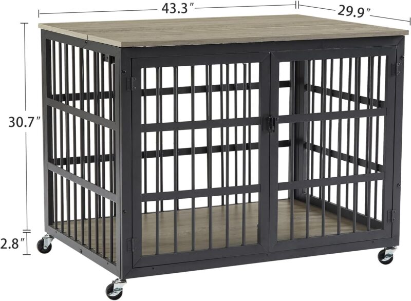 Dog Crate Furniture, 43.3" Large Dog Kennel Furniture with 2 Doors, Wooden Flip-up Top Opening and Wheels, Indoor Dog Kennel Crate End Table for Large/Medium/Small Dogs, Greige - Image 6