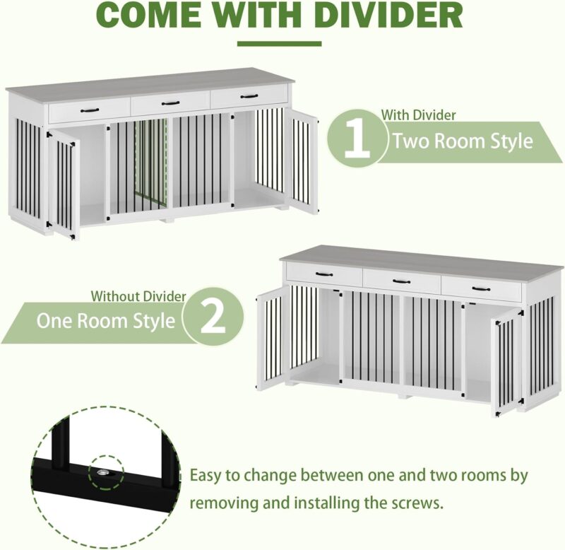 Large Double Dog Crate Furniture, 72.4" Wooden Dog Crate Kennel Furniture with 2 Drawers and Divider, Heavy Duty Dog Crates Furniture for Large Dog or 2 Medium Dogs Indoor, White+Light Gray - Image 3