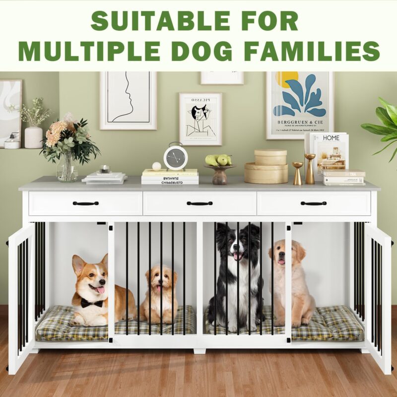 Large Double Dog Crate Furniture, 72.4" Wooden Dog Crate Kennel Furniture with 2 Drawers and Divider, Heavy Duty Dog Crates Furniture for Large Dog or 2 Medium Dogs Indoor, White+Light Gray - Image 5