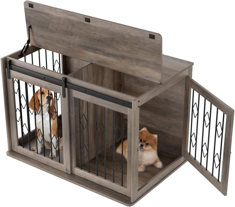 Large Dog Crate Furniture w/Sliding Barn Door, Wooden Indoor Dog Kennel w/Flip-top, 39.4'' Heavy Duty Modern Puppy Dog Cage End Table w/Detachable Divider for Small/Medium Pets (Oak Grey) - Image 2