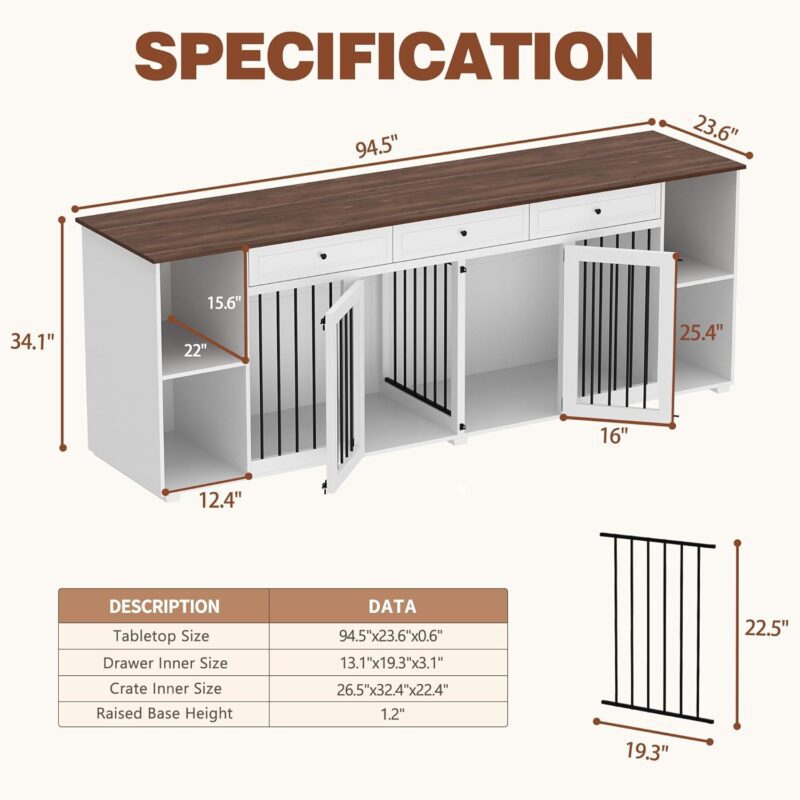 Large Double Dog Crate Furniture, 94.5" Wooden Dog Crate Kennel Furniture with Drawers, Storage Shelves and Divider, XXL Dog Crates Furniture for 2 Small or Medium Dogs Indoor, White - Image 2