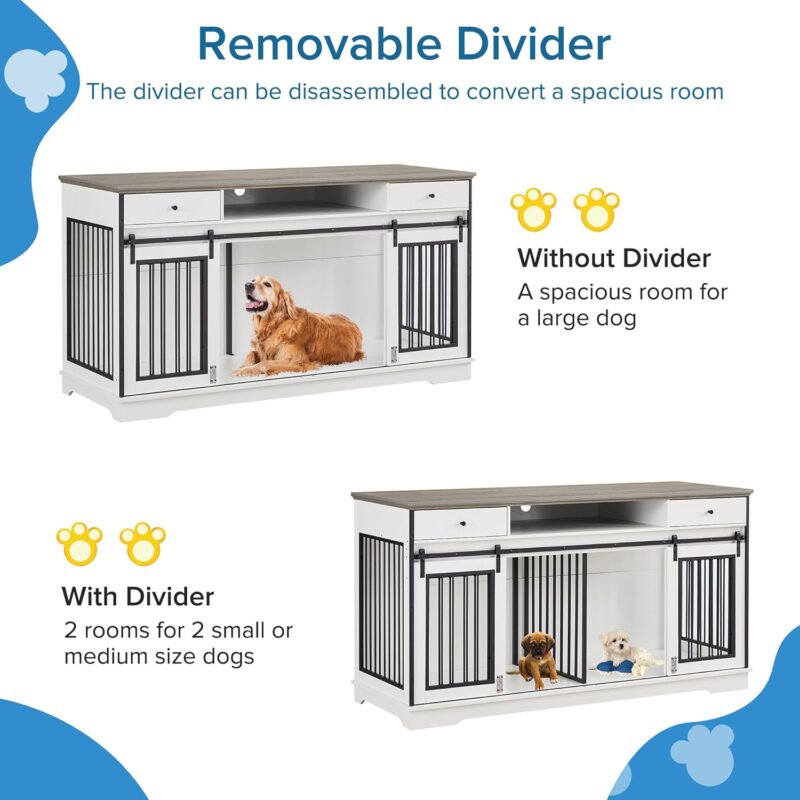 Dog Crate Furniture, 66" Large Heavy Duty Wood Dog Kennel with Divider & Drawers, Dog House Cage for 2 Medium Dogs, End Table TV Stand, White Grey - Image 3