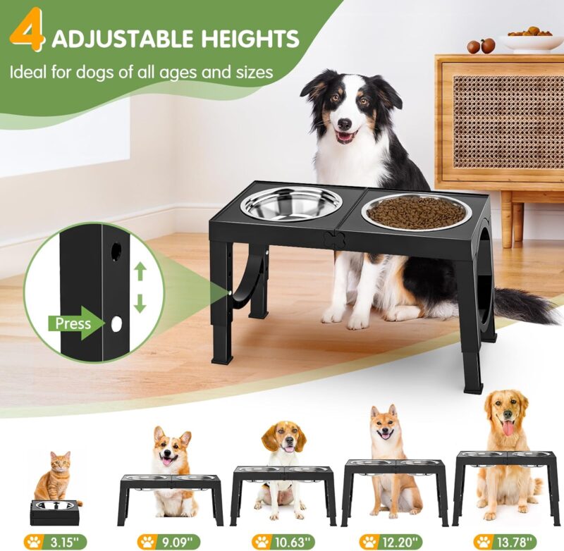 Elevated Dog Bowls for Medium Large Breed Dogs, 4 Height Adjustable Dog Raised Bowls Stand to 9.09", 10.63", 12.20", 13.78", 2 Thick Stainless Steel Dog Food Water Bowls, No Slip Dog Feeder - Image 2