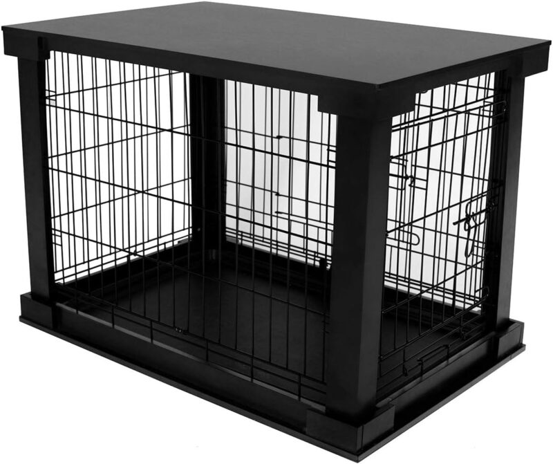 Merry Products 2 Door Decorative Pet Kennel with Wooden Protection Cover, Divider Insert, and Removable Tray End or Side Table, Black