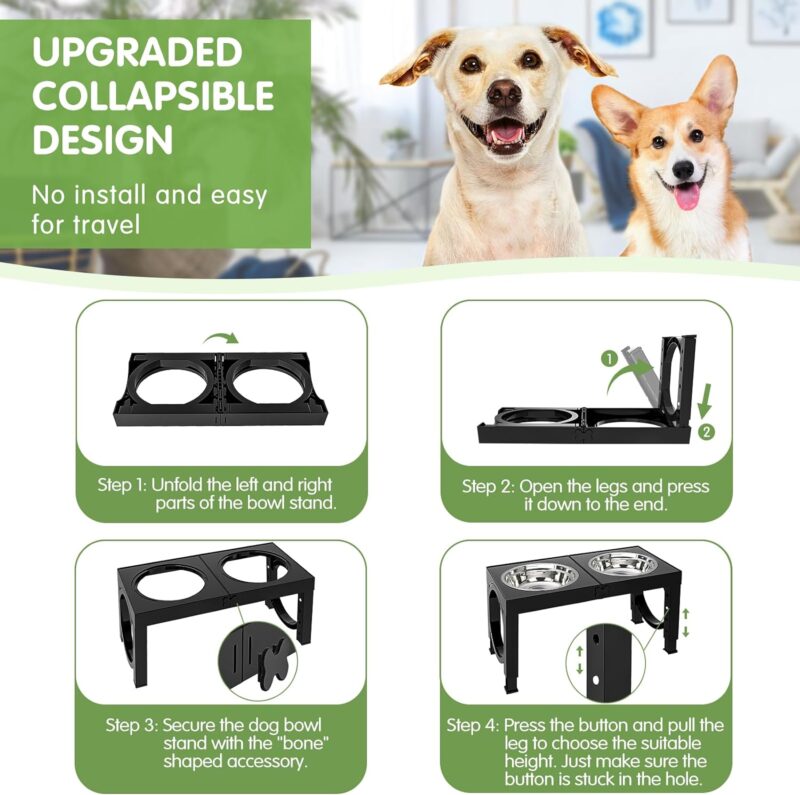 Elevated Dog Bowls for Medium Large Breed Dogs, 4 Height Adjustable Dog Raised Bowls Stand to 9.09", 10.63", 12.20", 13.78", 2 Thick Stainless Steel Dog Food Water Bowls, No Slip Dog Feeder - Image 8