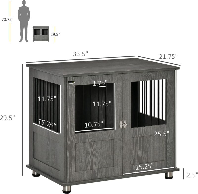 PawHut Dog Crate Furniture, Wooden End Table Furniture with Lockable Magnetic Doors, Small & Medium Size Pet Kennel Indoor Animal Cage, Gray - Image 5