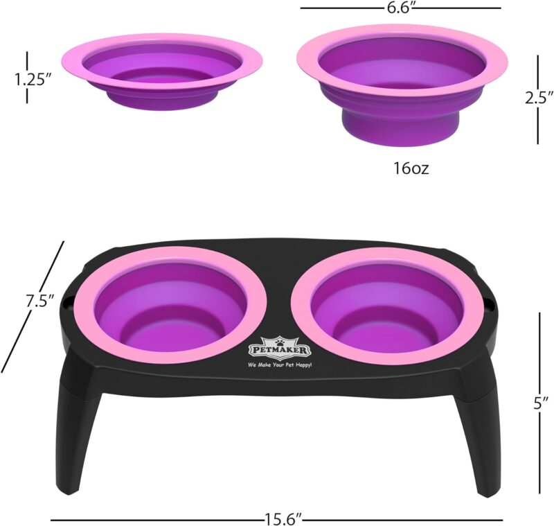 Elevated Cat and Dog Food Bowls with Non-Slip Stand - Removable and Collapsible Silicone Feeder for Food and Water - 16-Ounces Each by PETMAKER (Pink) - Image 2