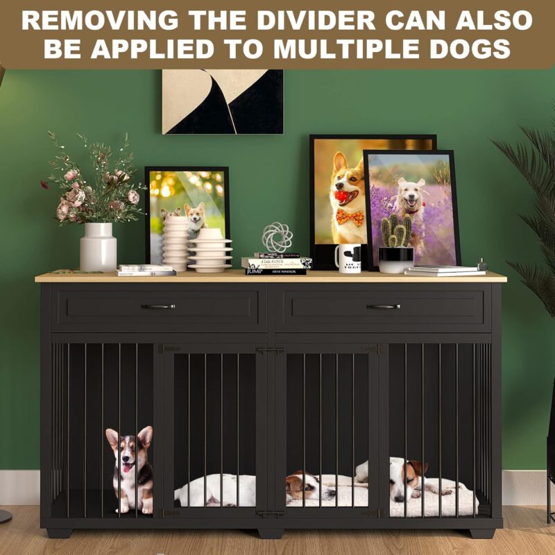 Dog Crate Furniture,Wooden Cage with Room Divider and 2 Drawer, Heavy Duty Dog Crate Kennel Furniture for Large and Medium Dog Indoor, Big Dog Crate with 2 Doors, Black - Image 5