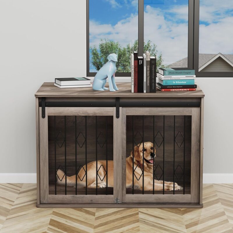 Large Dog Crate Furniture w/Sliding Barn Door, Wooden Indoor Dog Kennel w/Flip-top, 39.4'' Heavy Duty Modern Puppy Dog Cage End Table w/Detachable Divider for Small/Medium Pets (Oak Grey) - Image 5