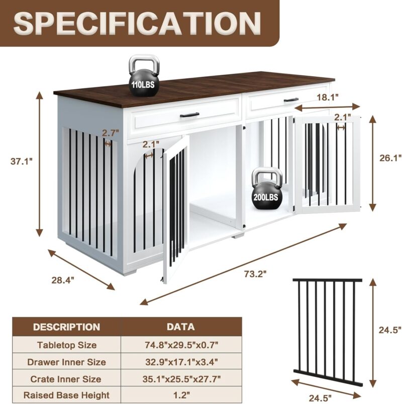 Large Dog Crate Furniture,74.8" Wooden Double Dog Crates Furniture Style for 2 Large Dogs,XXL Heavy Duty Dog Kennel Furniture Indoor with Divider and 2 Drawers,White - Image 3