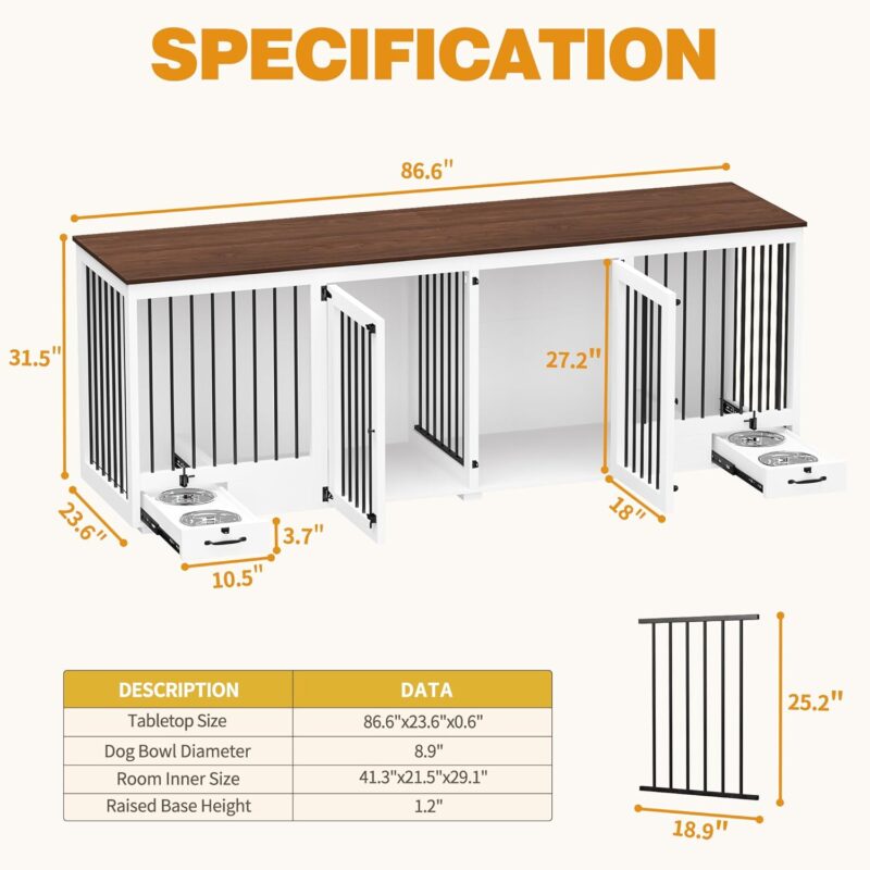 Large Double Dog Crate Furniture, 86.6'' Wooden Kennel Furniture with 4 Bowls & Divider, XXL Heavy Duty Crates Cage for or 2 Medium Dogs Indoor, White (ZUAN-AMKF150170-0102) - Image 2