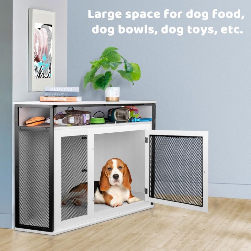 Dreamania Corner Dog Crate Furniture with Storage, 51.3" Upgraded Modern Dog Cage, End Table, Indoor Pet Crate Small Medium Large Dogs, White, Perfect for Limited Room - Image 2