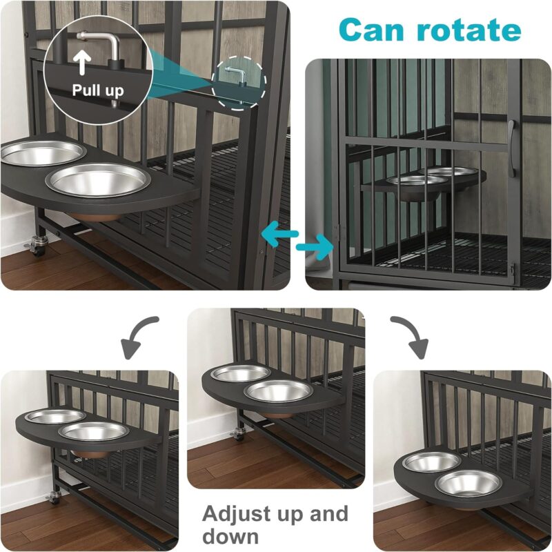 38" Dog Crate Furniture, 80lbs Dog Kennel Indoor with 360° Rotation Wheels, Rremovable Ttray, Height Adjustable 2 Stainless Steel Bowls, Double-Door Dog House for Small to Large Dogs, End Table House - Image 4